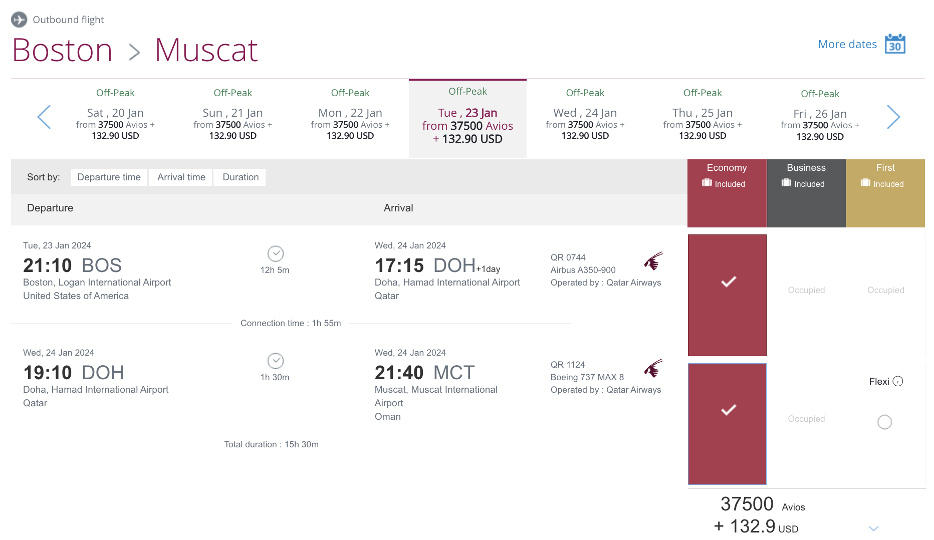 BOS to MCT in economy for 37,500 Avios - Off-Peak.