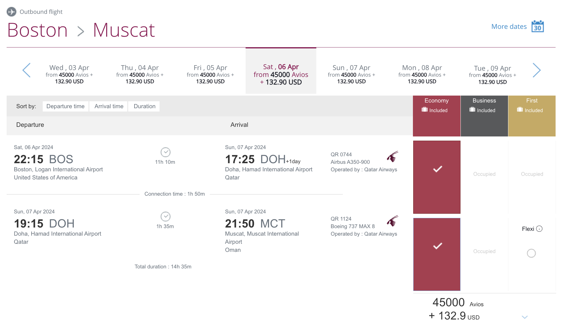 BOS to MCT in economy for 45,000 Avios - Peak.