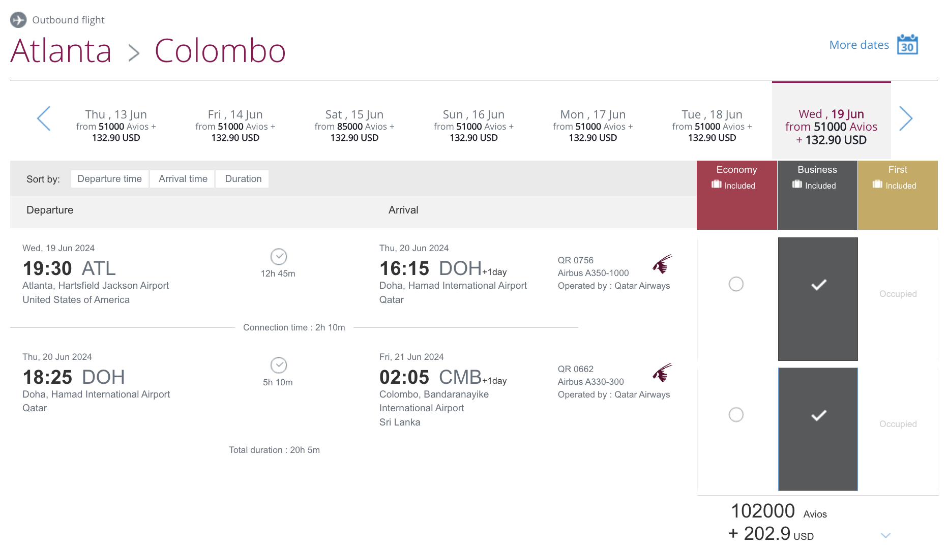 ATL to CMB in Qsuites for 102,000 Avios - Peak.