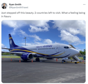Screenshot of Ryan Smith tweet about arriving in Nauru