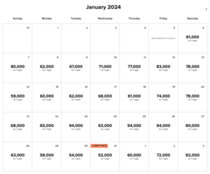 Sheraton Grande Tokyo Bay standard room rate calendar for January 2024, for rooms sleeping two three or four adults
