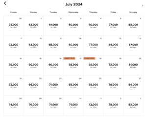 Sheraton Tokyo Bay July 2024 calendar showing standard room award rates for rooms sleeping up to four adults