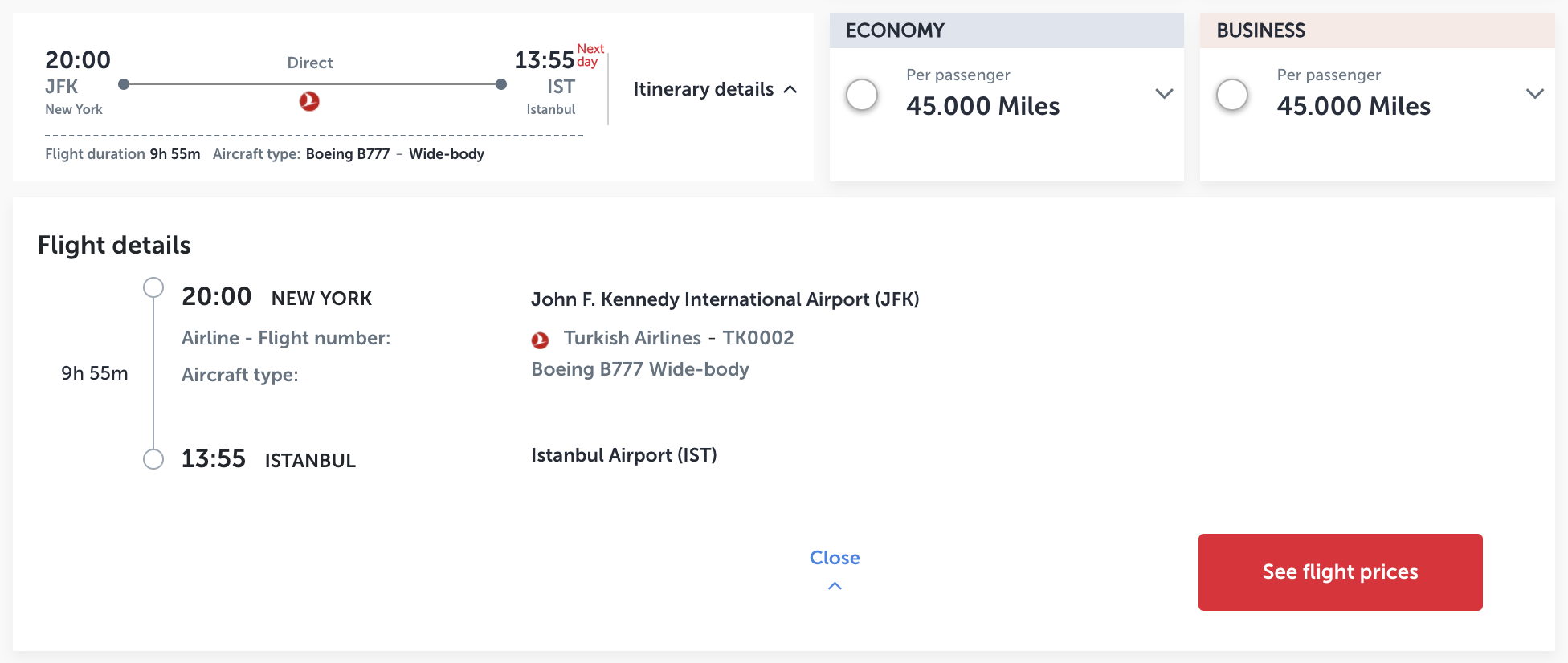 Turkish Airlines business class flight from ORD to IST available via Miles and Smiles for 45,000 miles.
