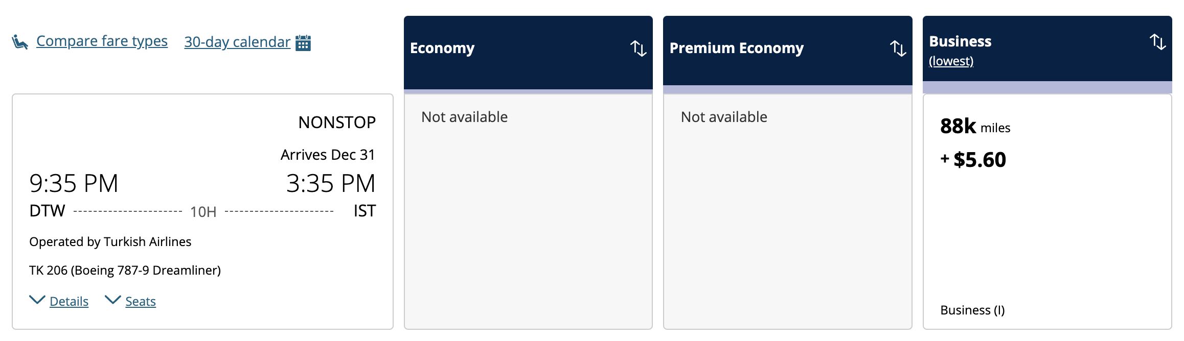 Turkish Airlines business class flight from DTW to IST available via United MileagePlus for 88,000 miles.