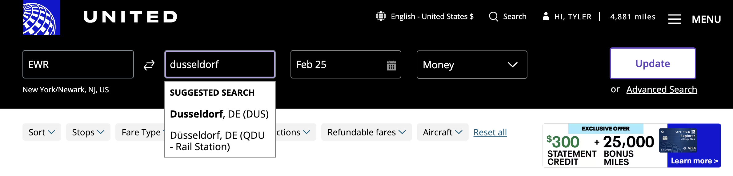United booking widget showing Dusseldorf airport and Deutsche Bahn train station.
