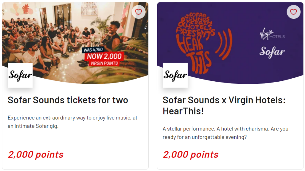 Virgin Red redemption options for Sofar Sounds
