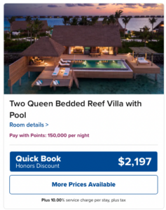 Waldorf Maldives room cash rate $2197 or 150,000 points