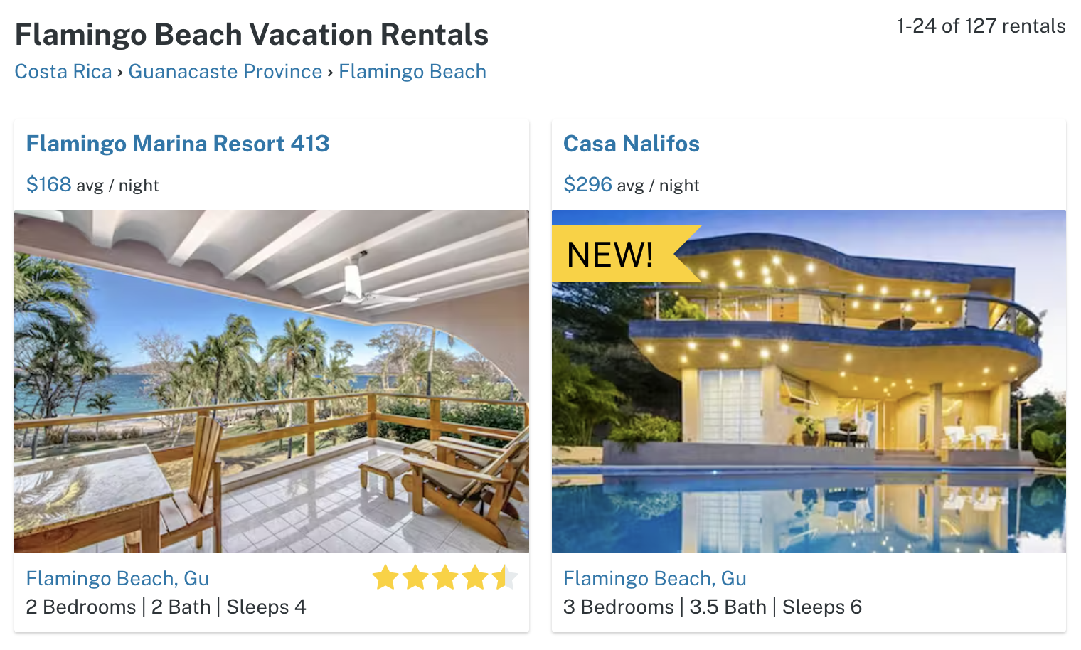 Two Vacasa rental properties in Flamingo Beach, Costa Rica.
