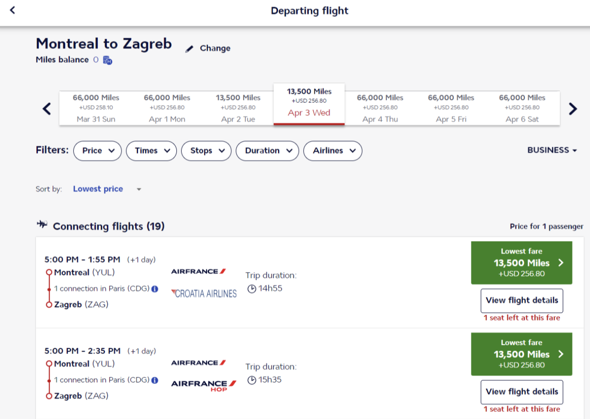 YUL to ZAG on Air France for 13,500 Flying Blue miles.