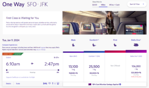 Delta award search showing the 15% Reserve cardmember discount