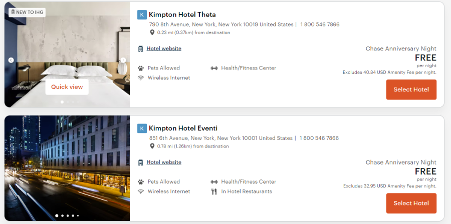 IHG free night certificates at Kimpton hotels in New York City