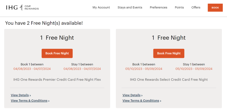 IHG free night certificates in my account