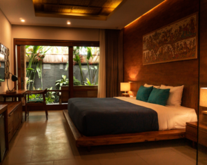 a hotel room with a window showing plants outside