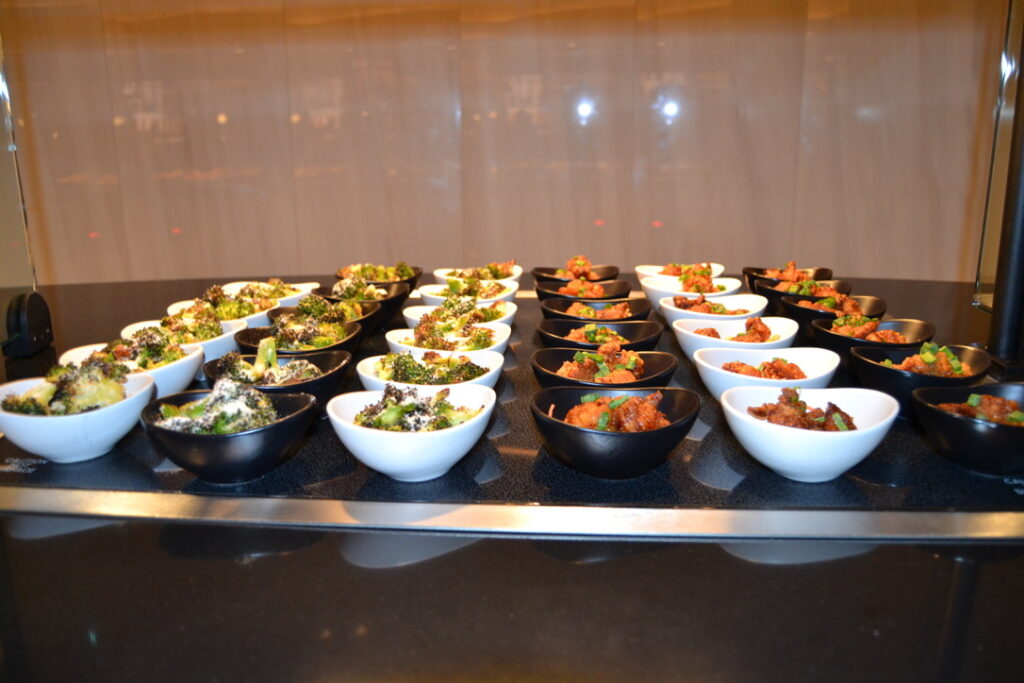 small plates of food on the lounge buffet