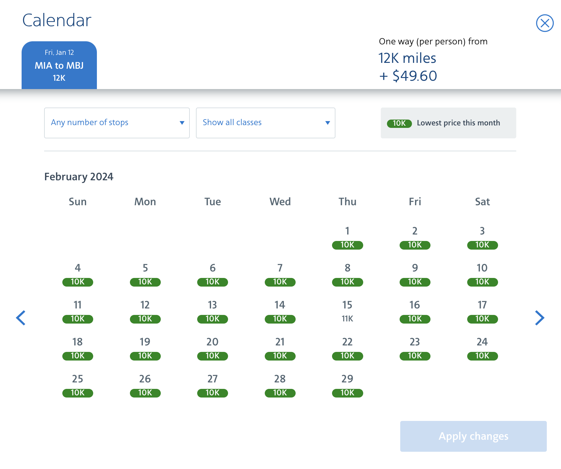 AA calendar for MIA to MBJ February 2024