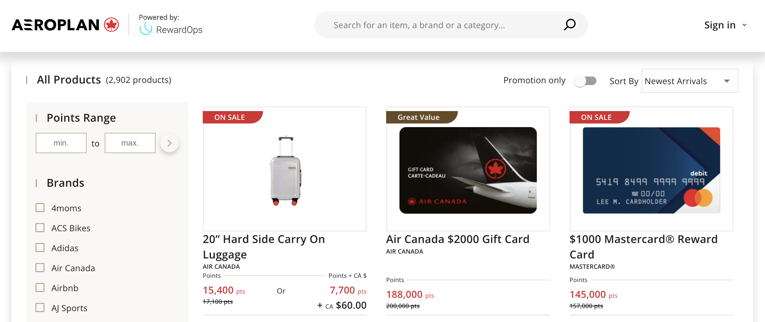 Aeroplan eStore redemption options.