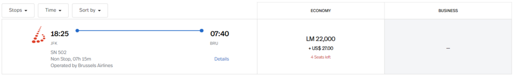A flight between JFK and BRU prices out to 8,000 miles less than it should cost in the LifeMiles program.