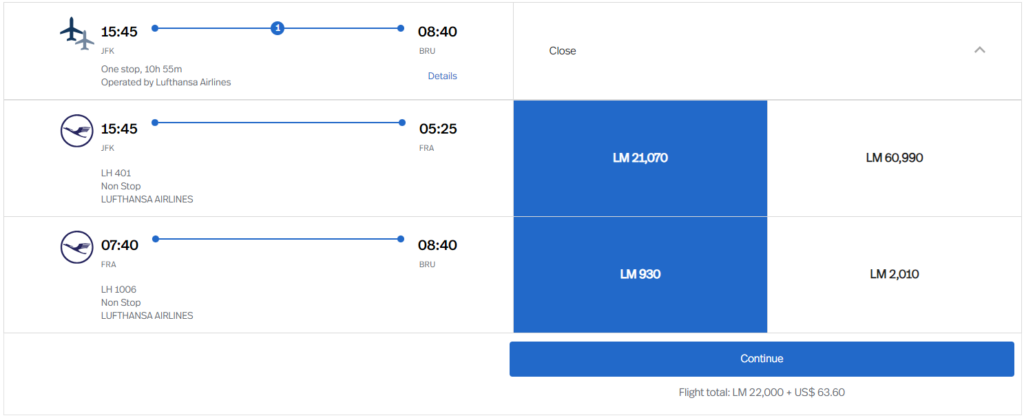 A flight between JFK and BRU via FRA prices out to 8,000 miles less than it should cost in the LifeMiles program.