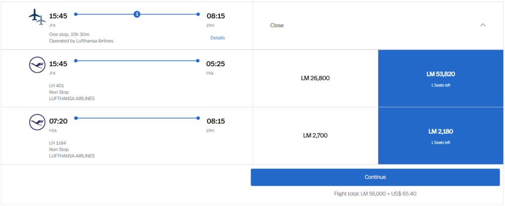 Unpublished award sweet spot from New York to Zurich using LifeMiles