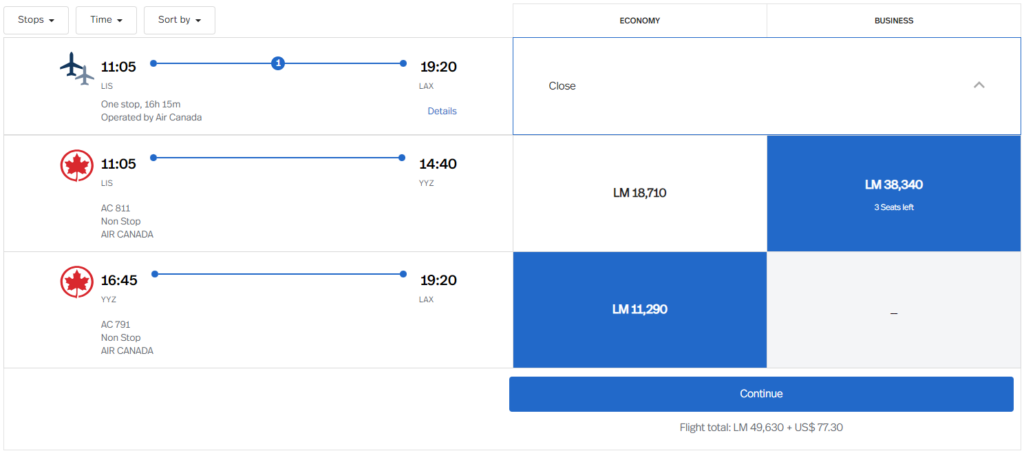 Book a business class award over the Atlantic for under 50k LifeMiles by booking a connecting flight in economy.