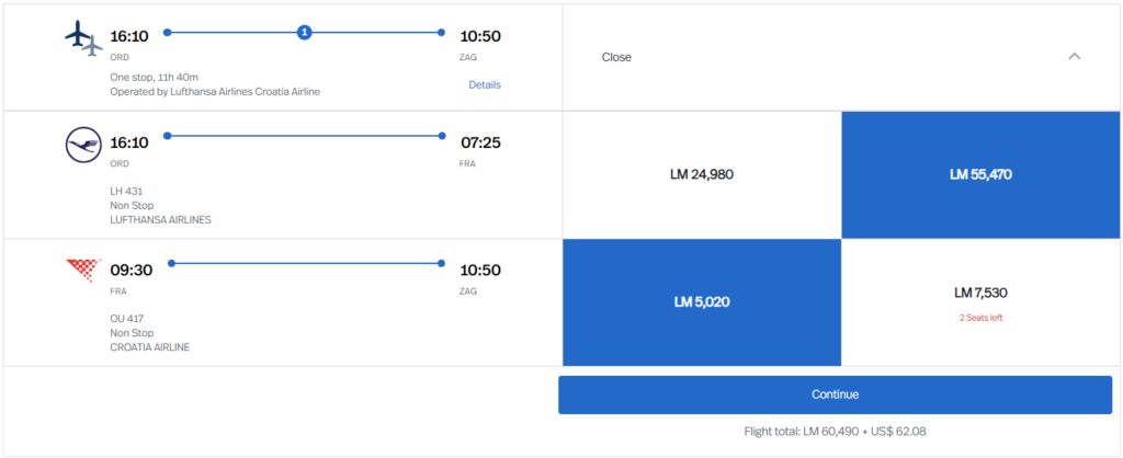 Save around 2,500 LifeMiles by taking a connecting intra-Europe flight in economy instead of business class.