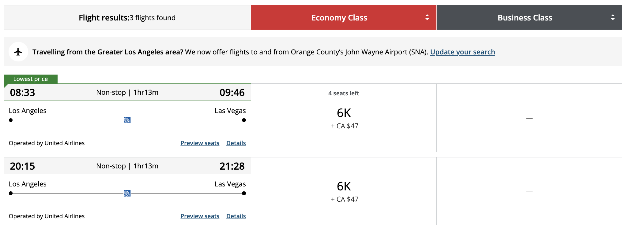 Air Canada results for LAX to LAS bookable for 6K Aeroplan points.