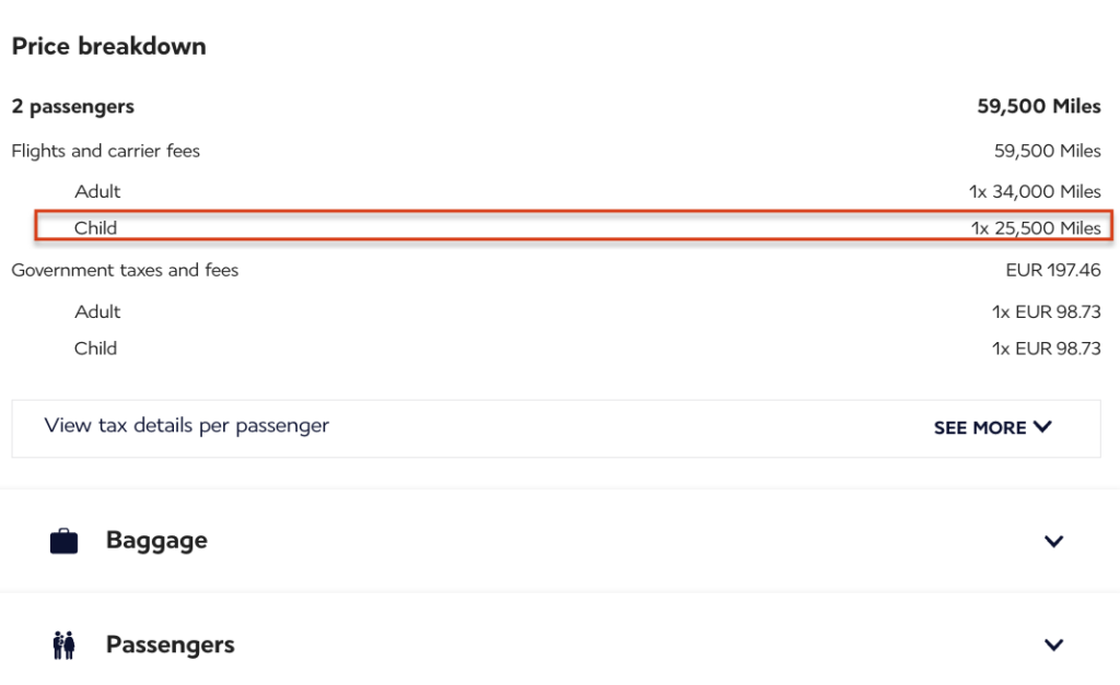 A screenshot of an award ticket on Air France showing a 25% discount for a child ticket.