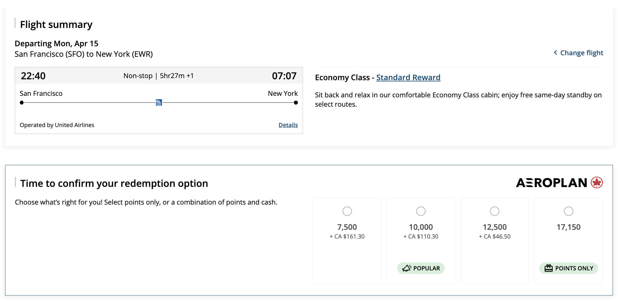 Air Canada Points + Cash Itinerary and payment options
