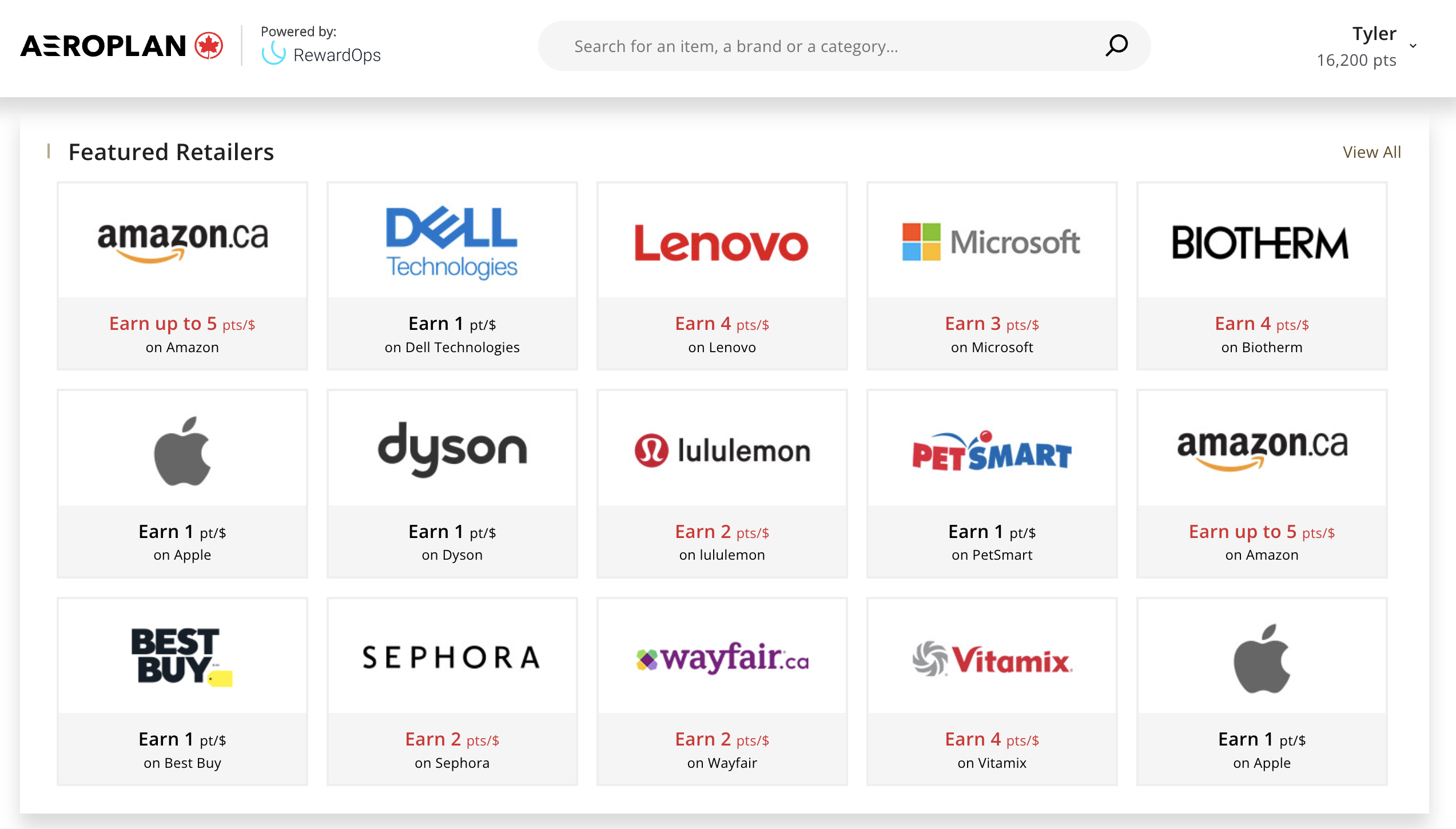 Aeroplan Shopping Portal screenshot of merchant offerings