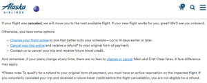Screenshot of Alaska Airlines website showing policy for flight cancellations