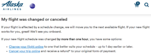 Screenshot of Alaska Airlines website showing policy for schedule changes