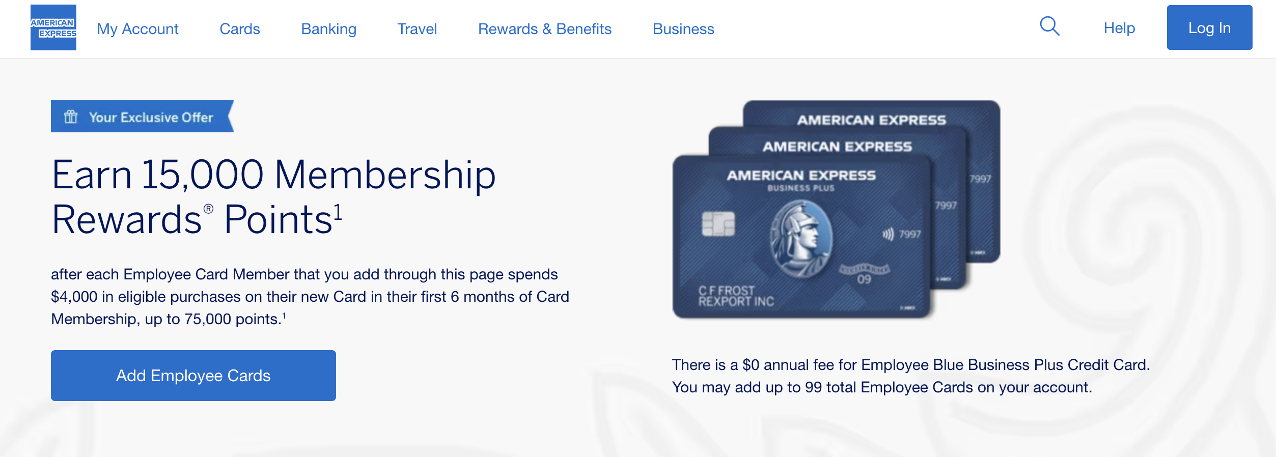 American Express bonus points offer for adding employee cards.