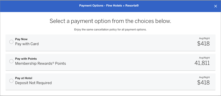 A screenshot of the payment options on Amex Travel.