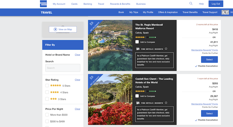 A screenshot of the results page when searching for hotels on Amex Travel if you have an Amex Platinum card.