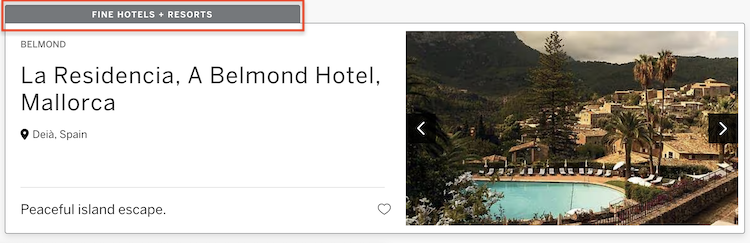 A screenshot of the results page of Amex Fine Hotels and Resorts.