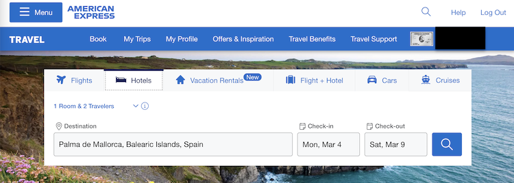 A screenshot of the Amex travel search page after logging in to your account.