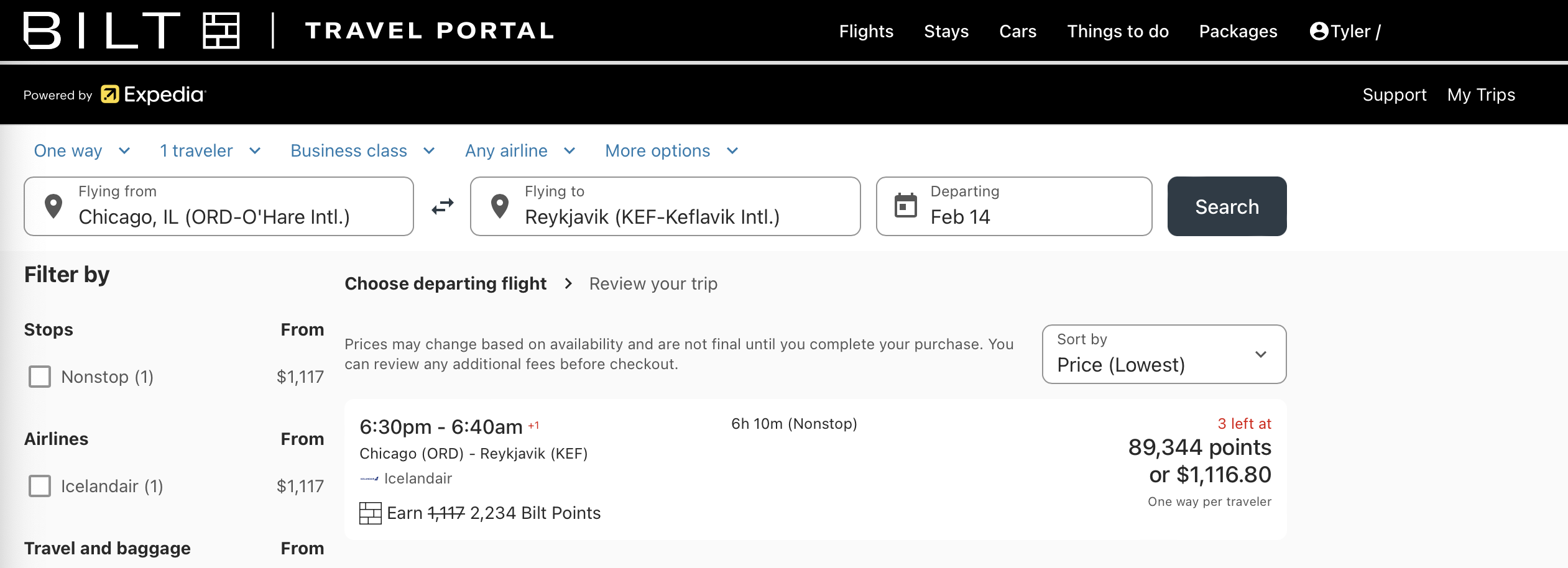 Bilt Travel Portal flight result from ORD to KEF