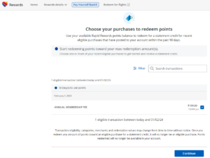Screenshot of Chase Pay Yourself Back redemption process on Southwest Performance Business Card