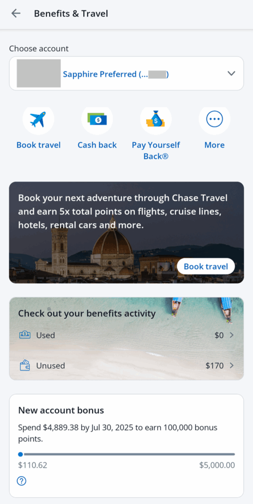 Screenshot showing Chase app Benefits & Rewards page with new bonus tracker
