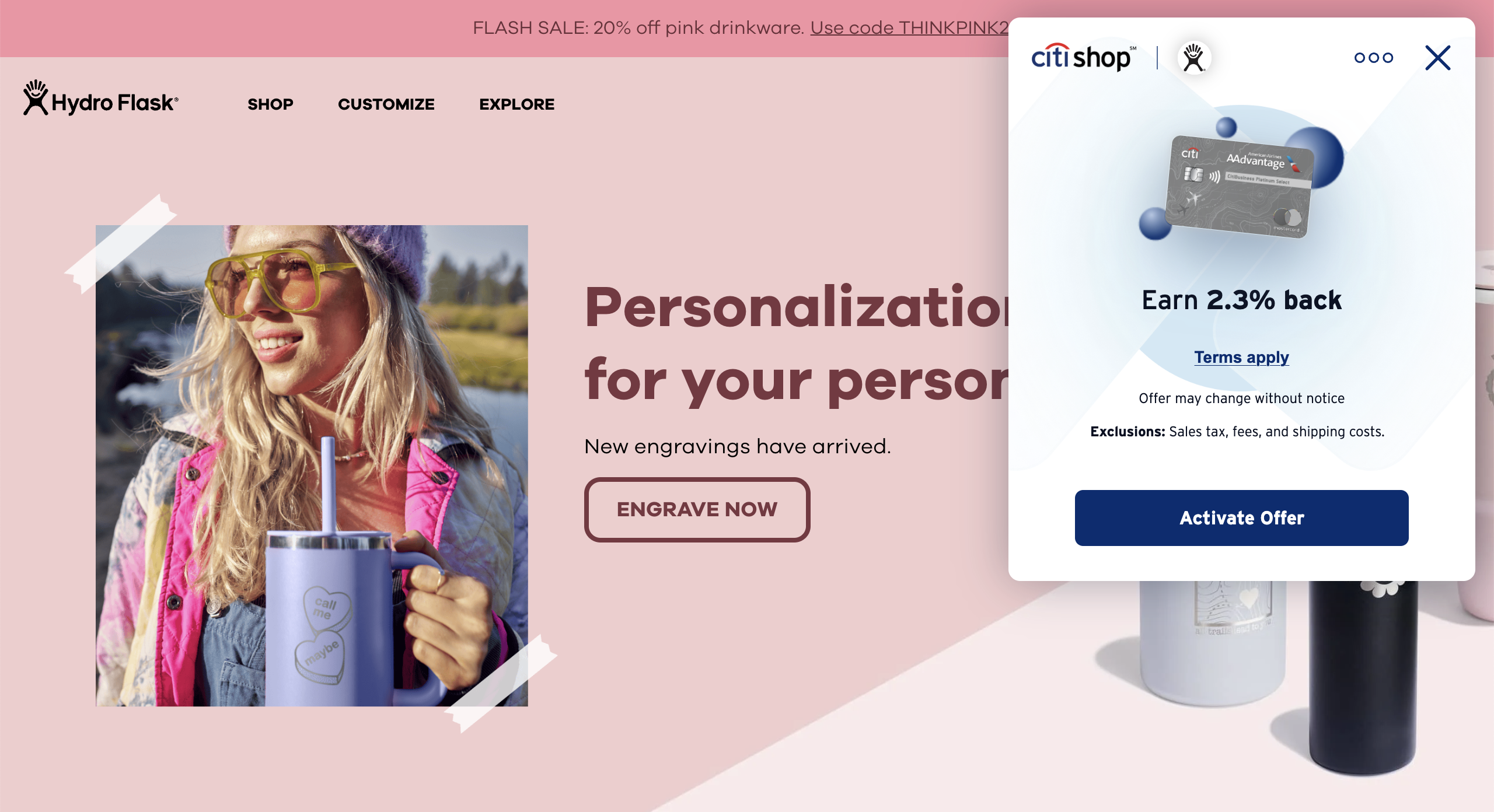 Hydroflask website offering Citi Shop Rewards