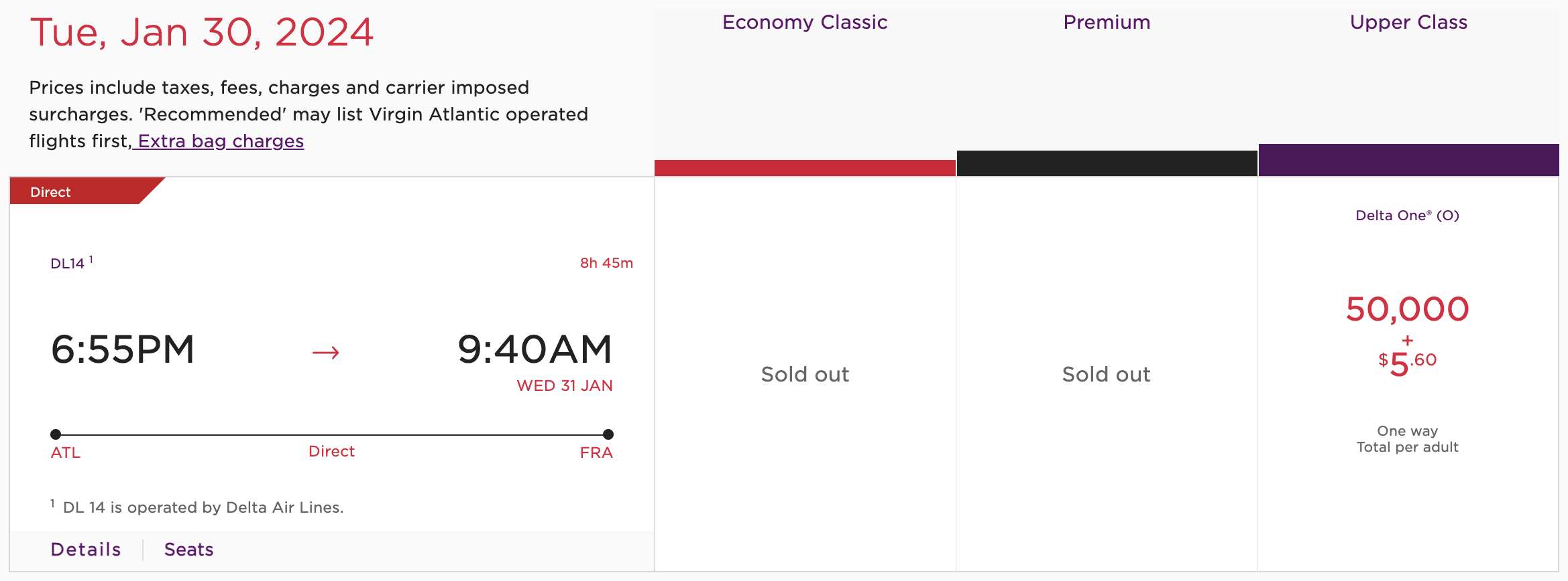 ATL to FRA for 50K Virgin Points