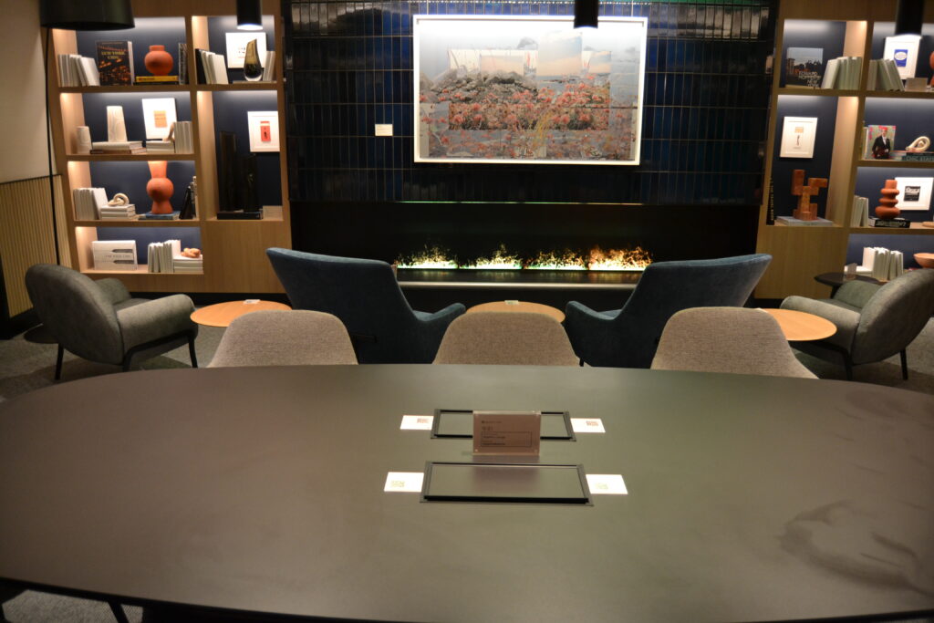 work space table and fireplace