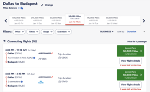 Flying Blue DFW to BUD 50,000 miles in business class