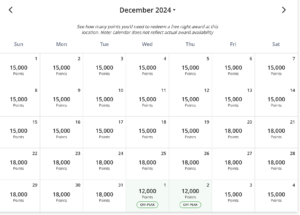 Hyatt Regency Tokyo Bay December 2024 January 2025 standard room award calendar ranging from 12,000 points per night to 18,000 points per night