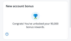 Screenshot of the Chase bonus tracker showing that 90,000 points have been earned