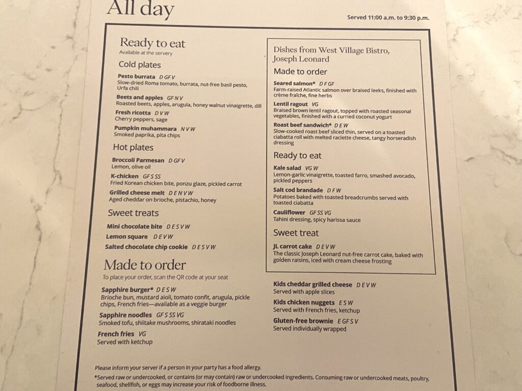 menu in the lounge's dining area
