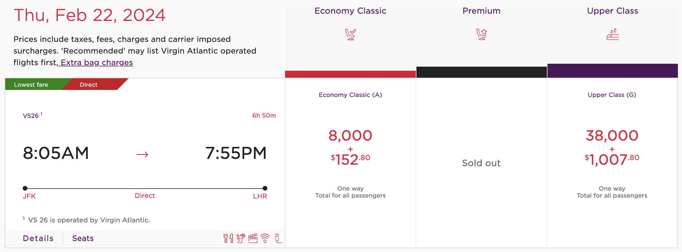JFK to LHR for 8K Virgin Points