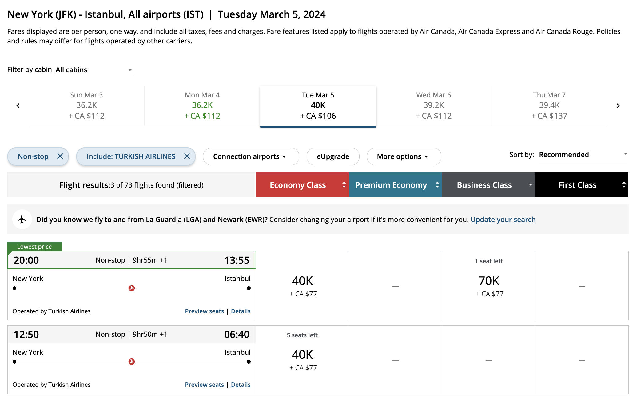 Turkish Award bookable with Aeroplan points.
