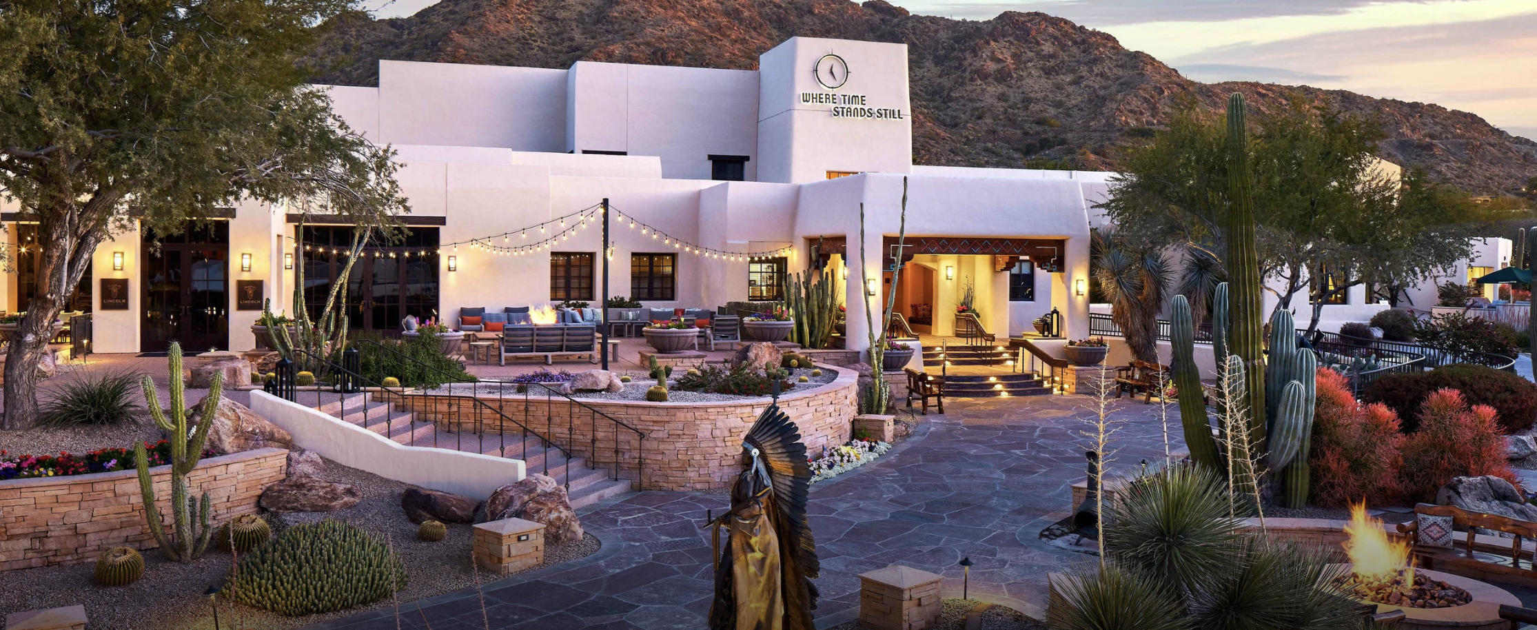 An exterior shot of the JW Marriott Scottsdale Camelback Inn Resort & Spa at sundown