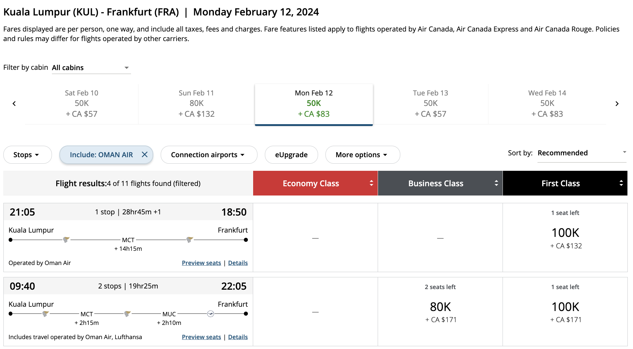 Using Aeroplan points for KUL-FRA with stops in MCT for travel on Oman Air